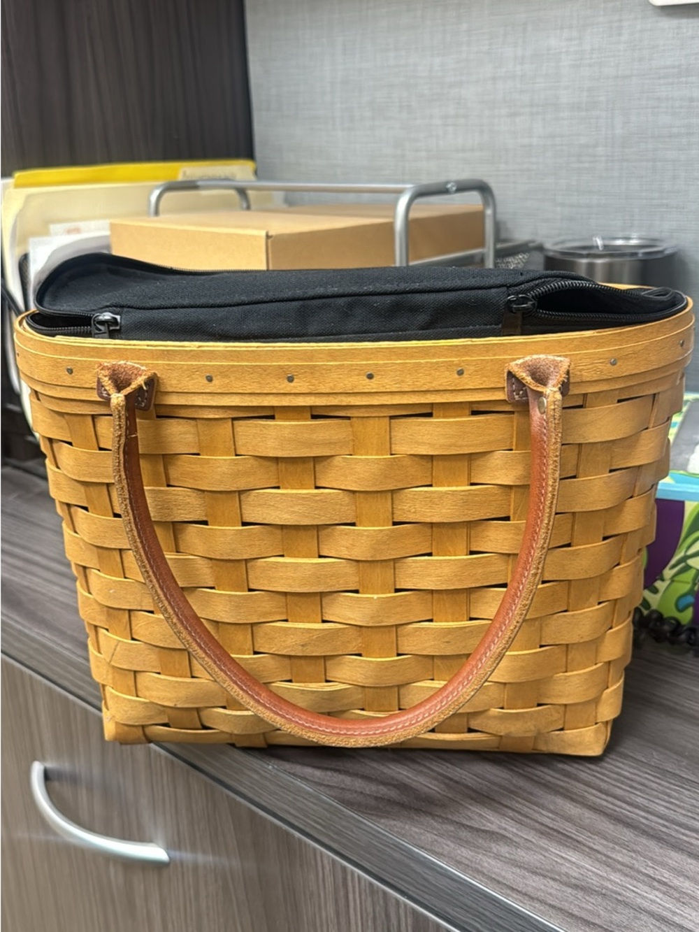 Vintage Longaberger 2004 Woven Tote Bag in Honey Tan with Black Liner